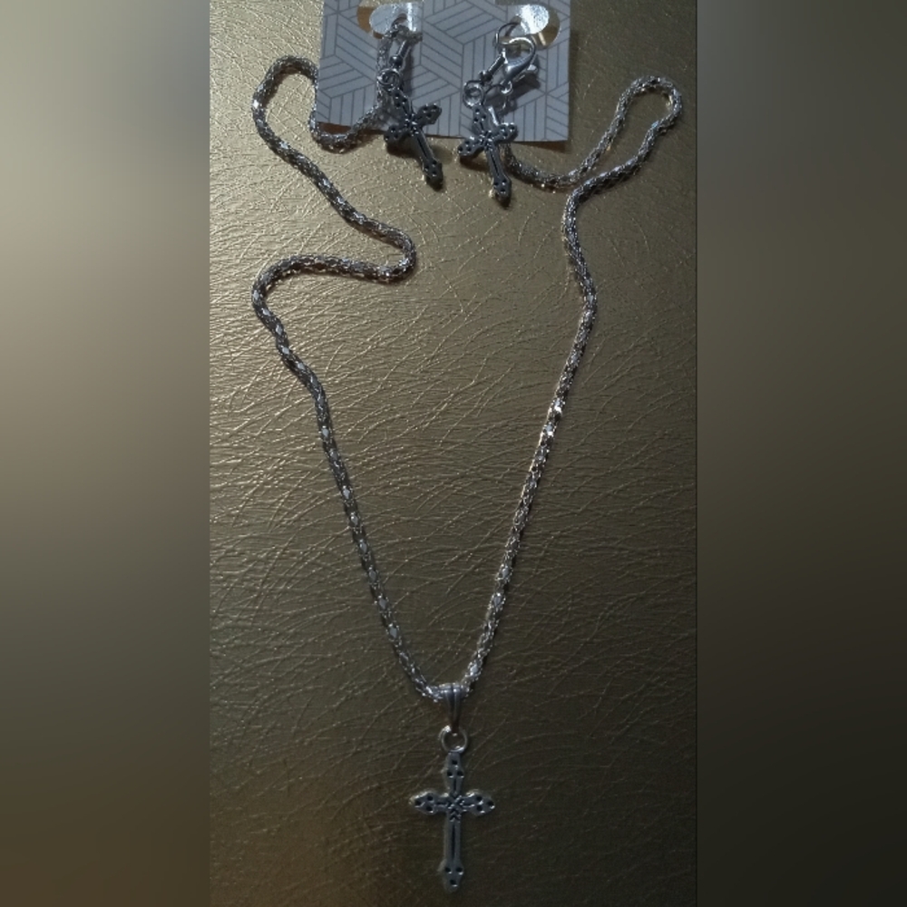 Silver Cross Necklace & Earrings Set Design By Me.